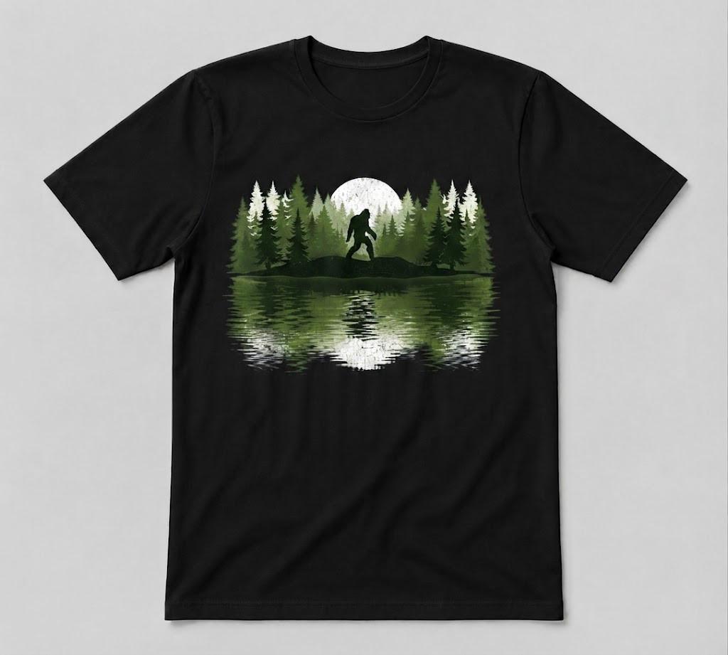 Bigfoot Walking Forest Sasquatch Woods Parks Black unisex T-Shirt