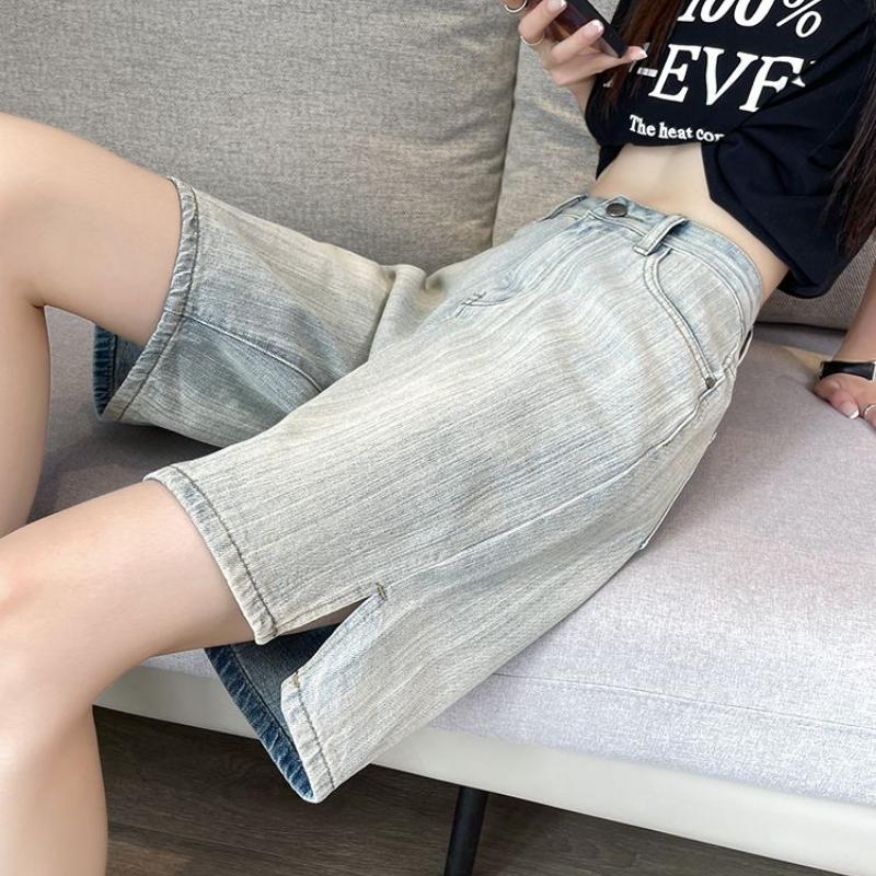 Светлые джинсовые шорты длиной пять четвертей для женщин, летние, тонкие, с высокой талией, утягивающие, с разрезом в ретро-полоску, свободные и широкие брюки средней длины