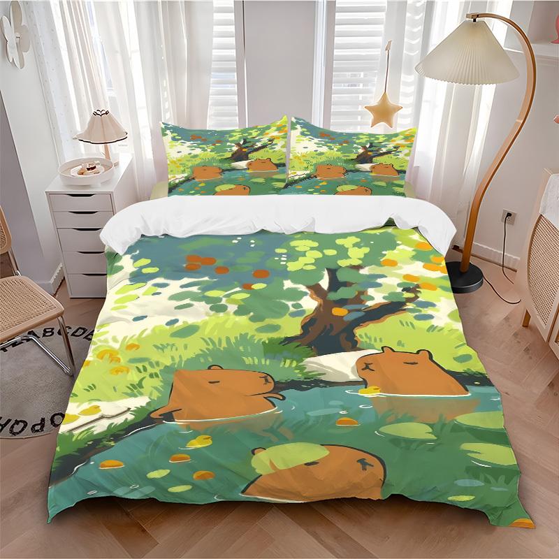 3PCs Capybara, Forest Design Cover Set, Breathable Fabric, Machine Washable (1 Duvet Cover + 2 Pillowcases) (Without Quilt) yy250911172