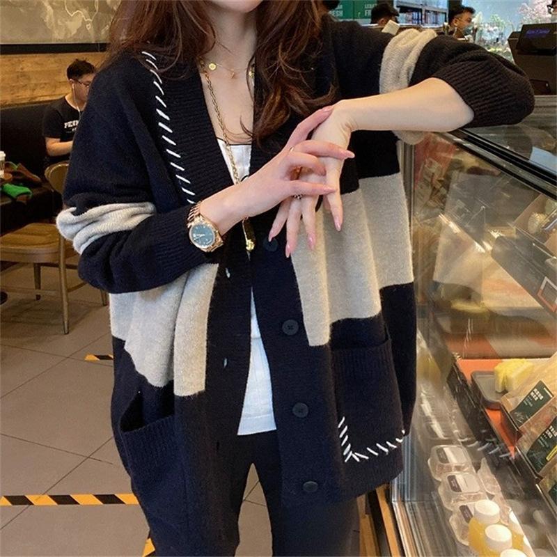 Осень и зима Нити Полоски Свободный Ленивый Ветер Кардиган Свитер Куртка Женская Мода Высокое Чувство Ниши Трикотаж Топы