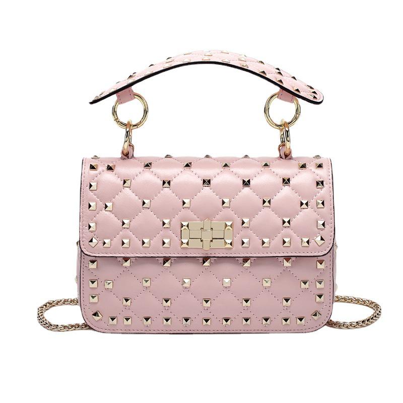 2023 Women's Punk Style Sheepskin Rivet Chain Bag - Soft Leather, Small Square, Single Shoulder Handbag, Genuine Leather.