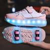Kid's Lights Sports Shoes Rubbing Shoes Solid Magic Patch Can Charging Double-row Four-wheel Slide Shoes