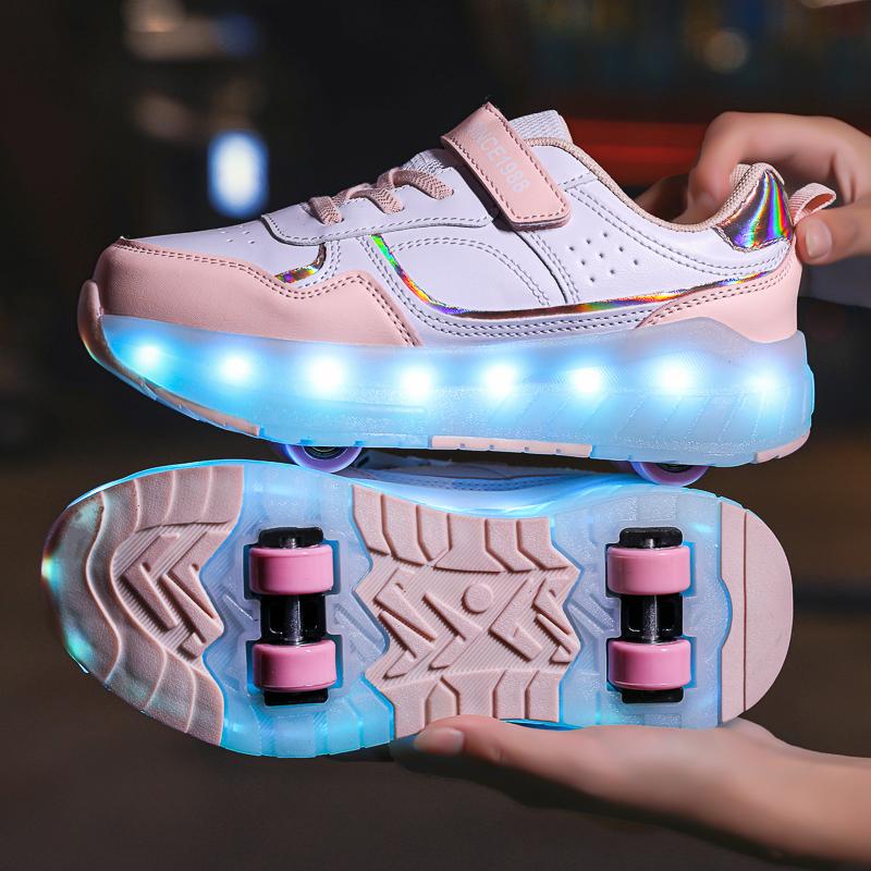 Kid's Lights Sports Shoes Rubbing Shoes Solid Magic Patch Can Charging Double-row Four-wheel Slide Shoes