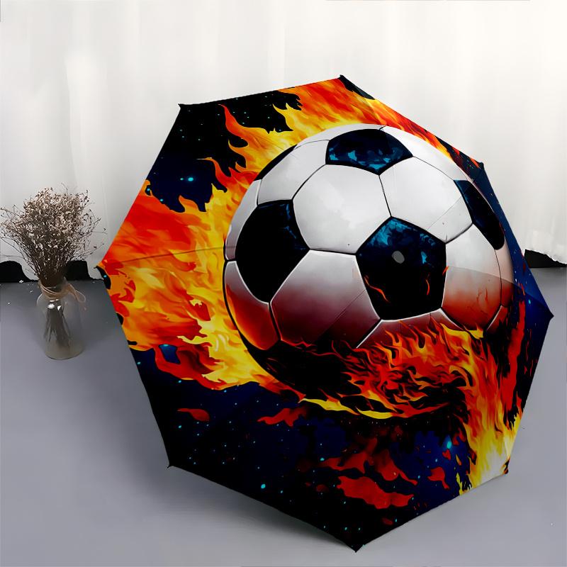 Soccer Ball, Flames Automatic folding umbrella simple eight rib design, bright color pattern, durable iron frame, ideal for travel and outd