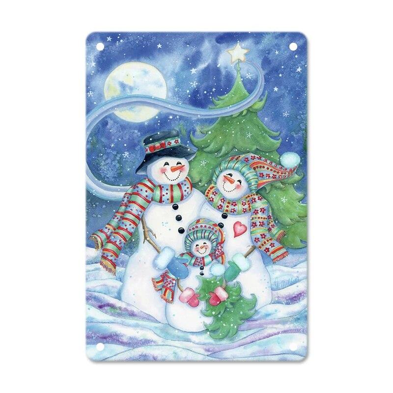 Merry Christmas Posters Tin Sign Cute Snowman and Santa Claus Metal Plaque Wall Art Decor Christmas Gift