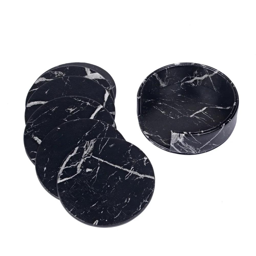 1/6PCS Artificial Leather Marble Coaster Drink Coffee Cup Mat Table Placemats Round Heat-resistant Tea Pad Table Pad Holder