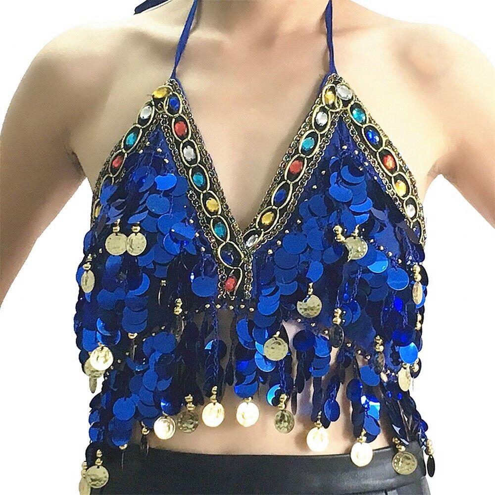 Nightclub Tassel Sequin Show Costumes Halter Bra Performance Top Belly Dance Bra