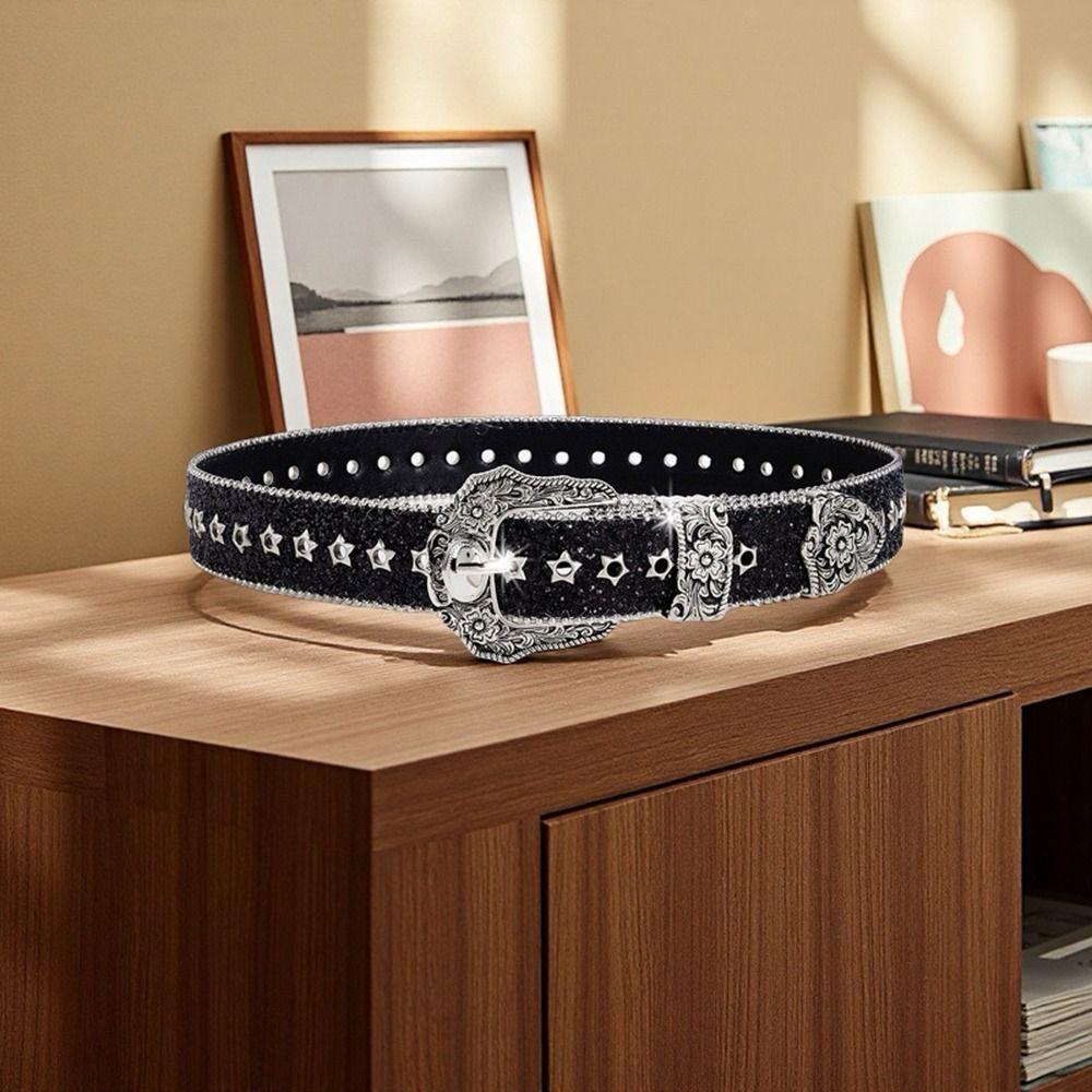 Metal Engraved Buckle Western Cowboy Belt PU Leather Buckle Belt Fashion Waistband  for Men Women