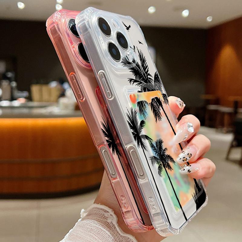 Чехол с прозрачным слотом для карт с узором из кокосовой пальмы для iPhone 16 Pro Max 16E 15 Pro 14 13 12 11, тонкий, ударопрочный, мягкий, силиконовый чехол для телефона