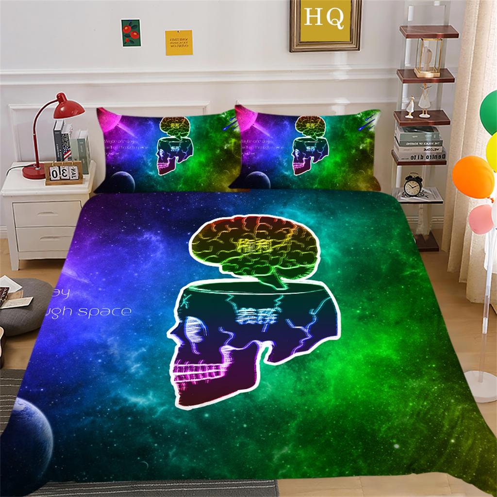 3D Horror Patterned Printed Bedding Set with Skull Head Pattern Down Duvet and Pillowcase 2/3 Pieces Halloween Festive Atmosphere Home Decoration