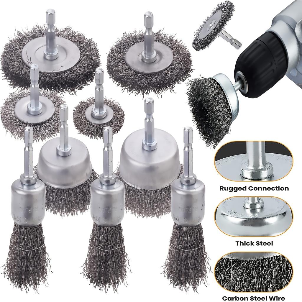 Wire Brush Wheel Cup Brush Set 9 Pack,Wire Brush for Drill 1/4 Inch Hex Shank 0.012 Inch Coarse Carbon Steel Crimped Wire Wheel