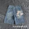 Mens Streetwear Loose Fit Denim Pants With Plum Blossom Embroidery Casual Straight Leg Jeans