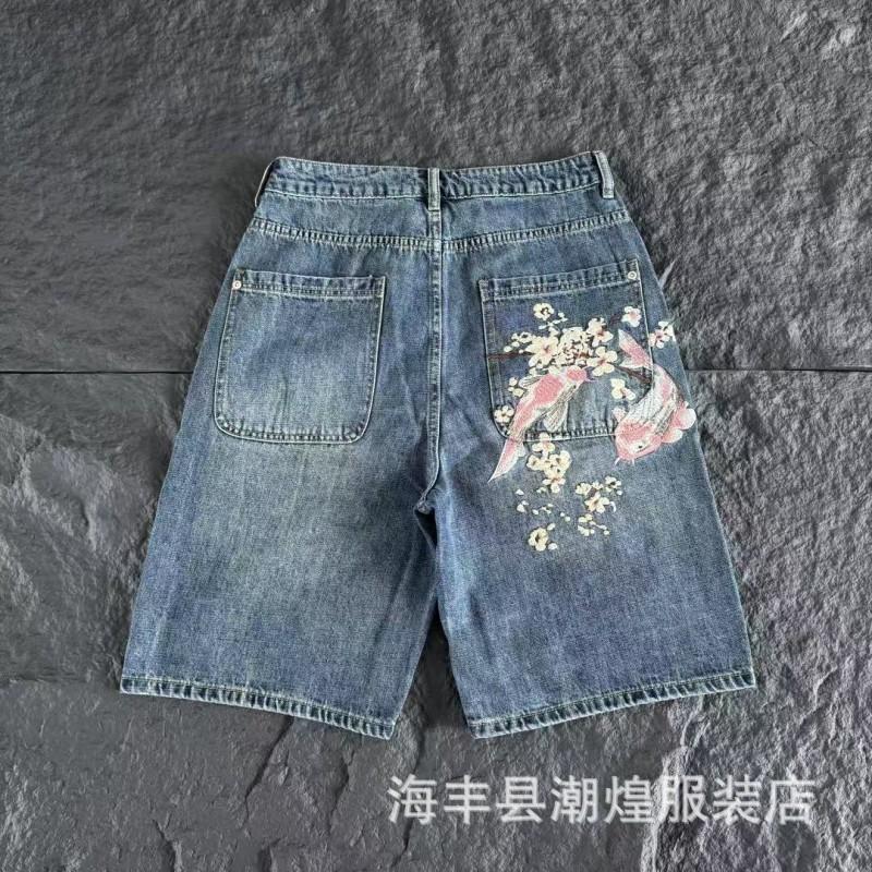 Mens Streetwear Loose Fit Denim Pants With Plum Blossom Embroidery Casual Straight Leg Jeans
