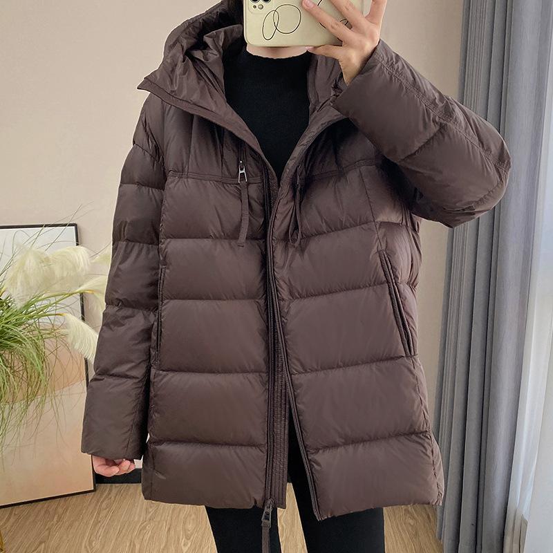 European winter down jacket women's medium and long fashion loose hooded design sense white duck down thickened coat