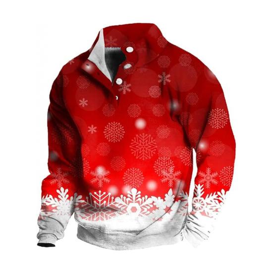 Men Christmas Top 3D Snowflake Printing Buttoned Stand Collar Plus Size Long Sleeves Mid Length Pullover Festive Holiday Sweatshirt