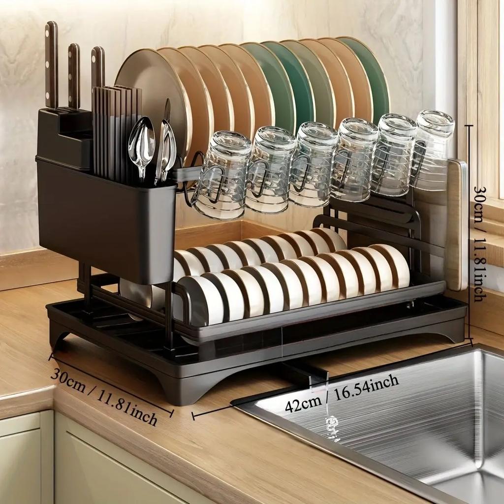 2 Tier Dish Drying Rack Kitchen Bowl Drainer Storage Rack Tableware Drain Chopsticks Knife Fork Water Cup Storage Holder