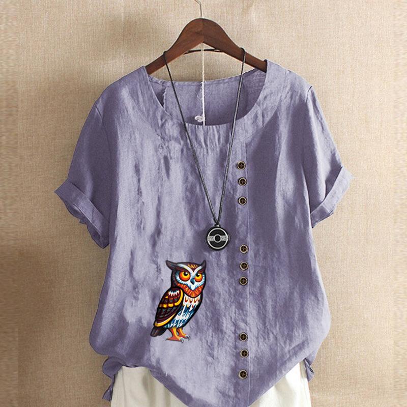 Women's Fashion Round Neck Short Sleeve T-shirt Casual Cotton Linen Graphic Shirt Leisure Loose Owl Print Prined Summer Blouse Tops