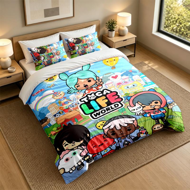 Soft Bedding Set Toca Boca Pattern, 1 Duvet Cover plus 2 Pillowcases Stylish Bedroom Home Textile