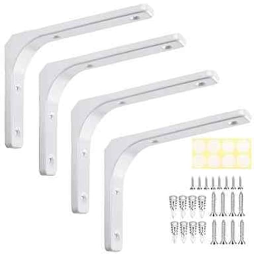 Set of 4 150mm X 125mm X 20mm Shelf Brackets, L-Shaped, Steel, White, 15cm, Includes Screws, Board Anchors, Screw Hole Cover Stickers, and Installatio