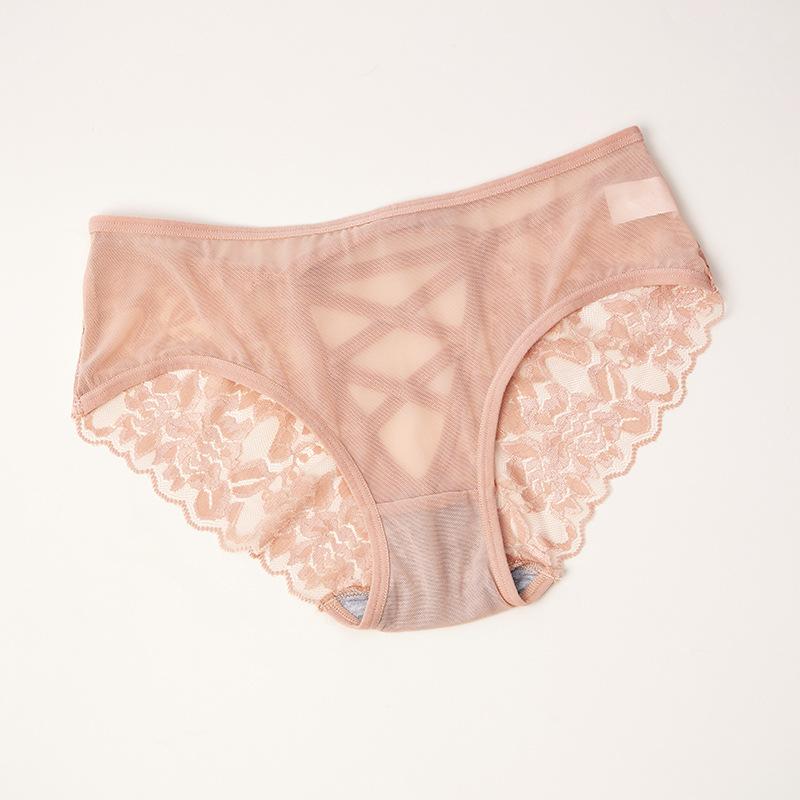 Sexy Lace Briefs Womens Low Waist Seamless Panties Female Transparent Hollow Out Underwear Solid Color Mesh Printing Lingerie