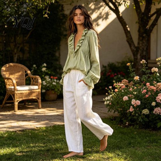 Daily Wear Blouse Women Half Zipper V-Neck Blouse, Bohemian Long Sleeve Ruffle Top, Spring Fall Tops Solid Color Loose Fit Pleated Shirt for