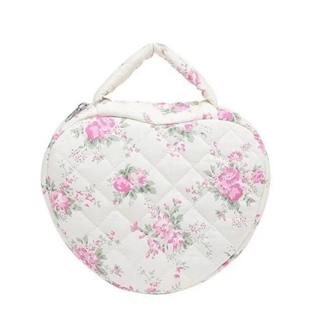 Cute Love Storage Bag Large Capacity Stylish Floral Pattern Makeup Bag Quilting Cotton with Handle Cosmetic Organizer