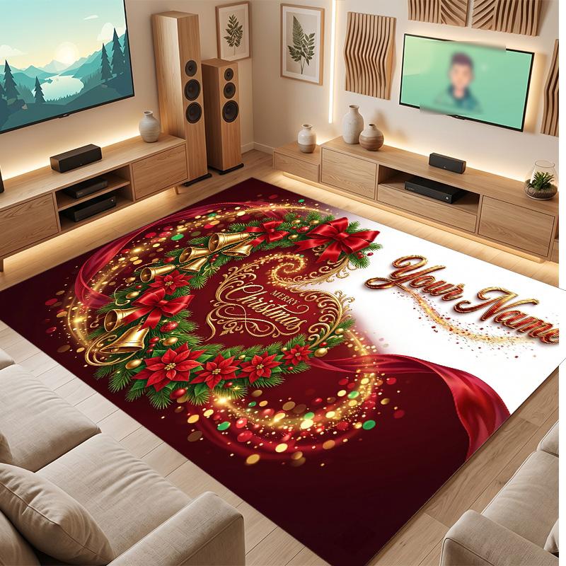 Christmas Theme Soft Crystal Velvet Rug Custom Name & Text Print Non Slip Floor Rug for Bedroom Living Room
