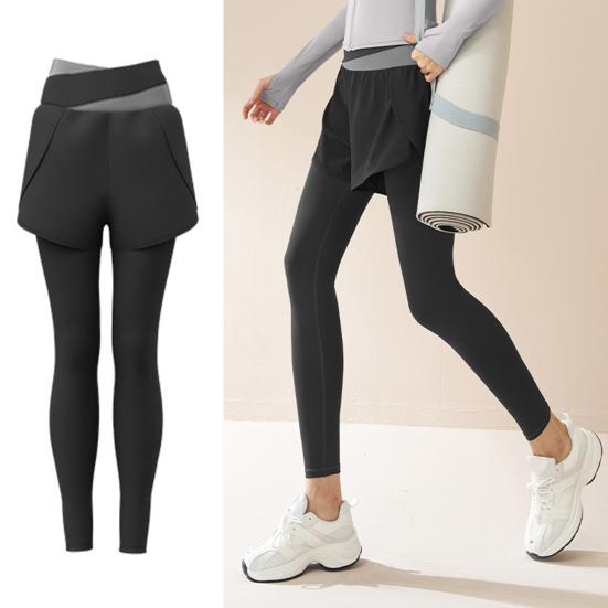 Женские брюки для йоги с высокой талией, имитация двух предметов, быстросохнущие, облегающие брюки, эластичные леггинсы с эффектом подтяжки ягодиц, цветные блоки, для фитнеса