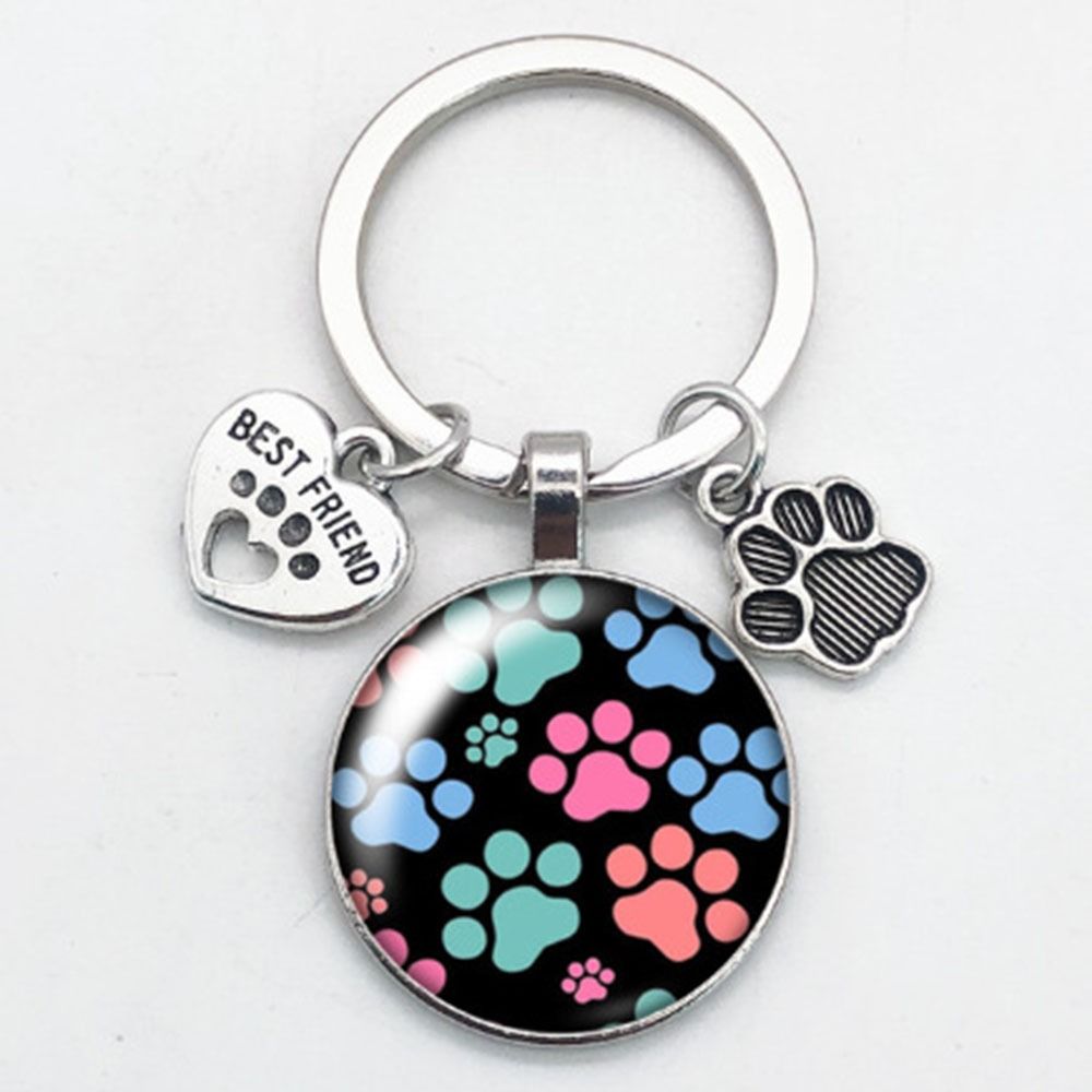 Love Cat Pet Footprints Car Key Chain Cartoon Key Holder Fashion Glass Cabochon Key Ring Men Women