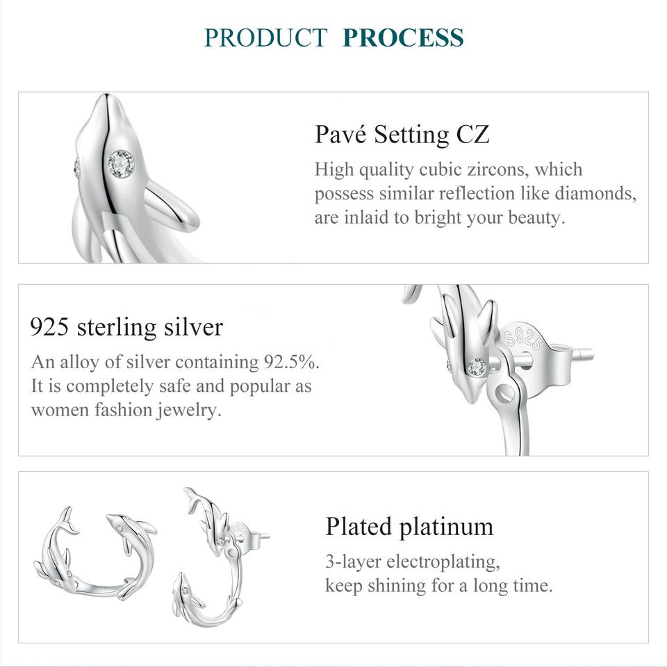 BAMOER стерлингового серебра 925 пробы серьги-гвоздики с дельфинами съемные серьги для женщин вечерние ювелирные изделия с платиновым покрытием