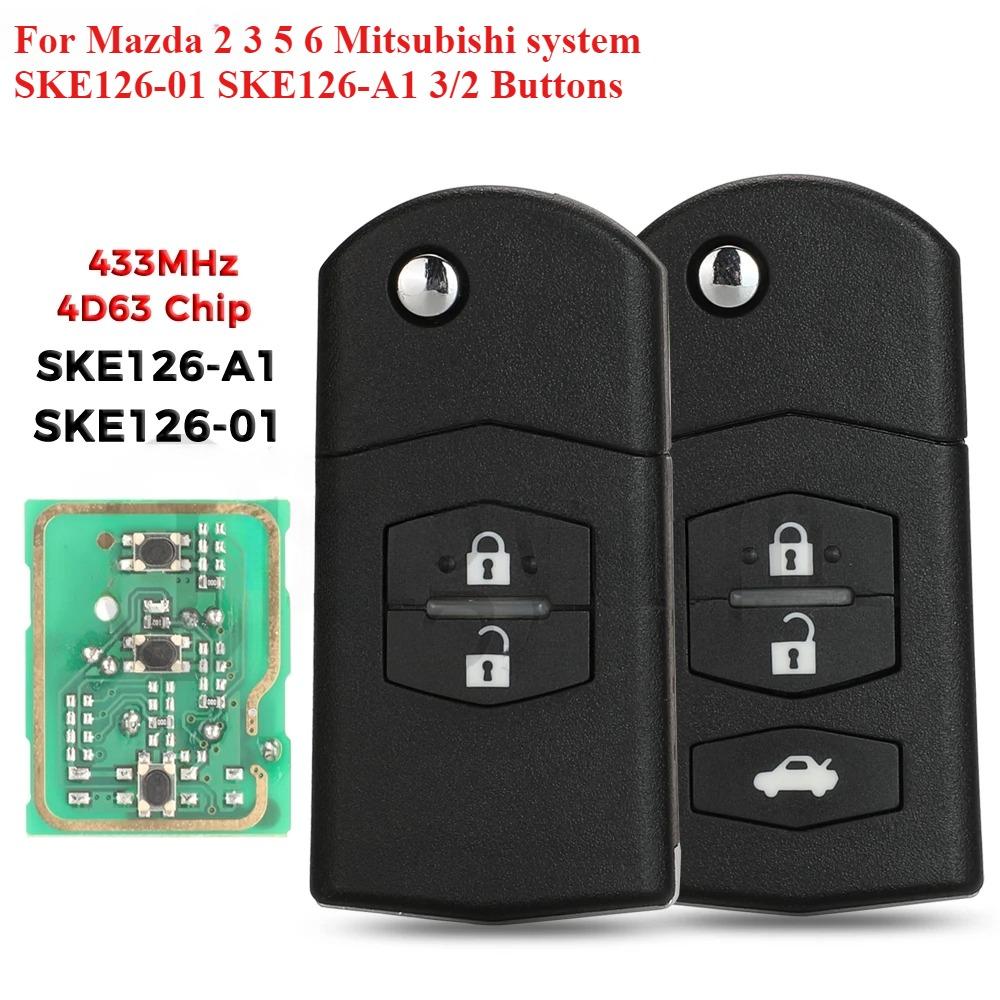 433MHz Folding Remote Key Car Starter ID63-80bit For Mazda 2 3 5 6 Mitsubishi System SKE126-01 SKE126-A1 3/2 Buttons