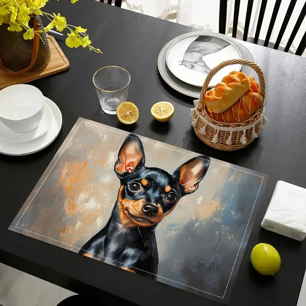 4-Pack Noble Miniature Pinscher Puppy Portrait Art Placemats, Fashion Printed Pattern Table Mats, Suitable for Dining Tables, Kitchens, Parties,