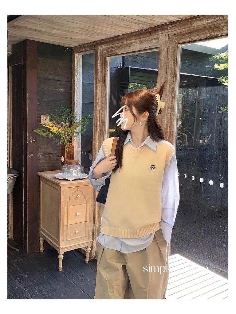 Женский вязаный жилет-свитер - Весна/Осень 2024 Маленький Без рукавов Многослойный топ