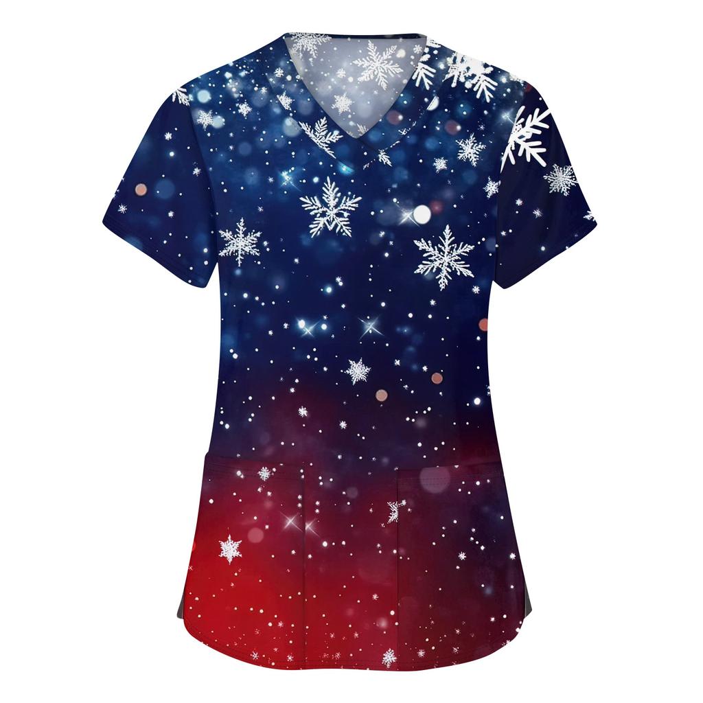 Women's Fashion V-neck Short Sleeve Workwear With Pockets Christmas Printed Tops