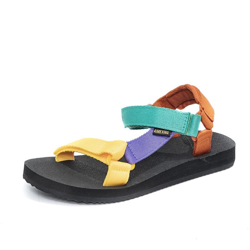 Новые летние цветные сандалии с ремешками женские универсальные с плоской подошвой нескользящие повседневные уличные спортивные повседневные пляжные туфли