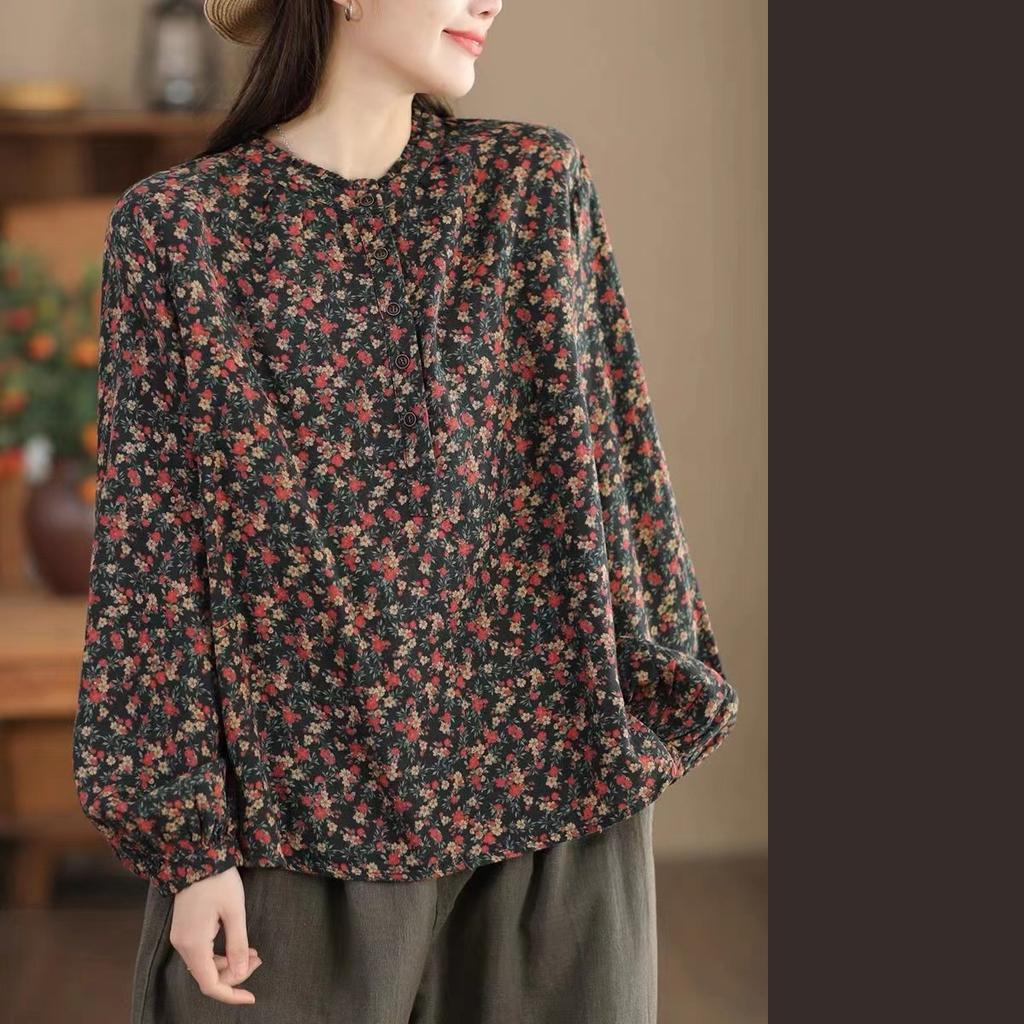 Весенне-осенняя двухслойная хлопковая крашеная пряжа с принтом, женская толстовка с воротником-грибком и цветочным принтом, литературная рубашка с длинными рукавами