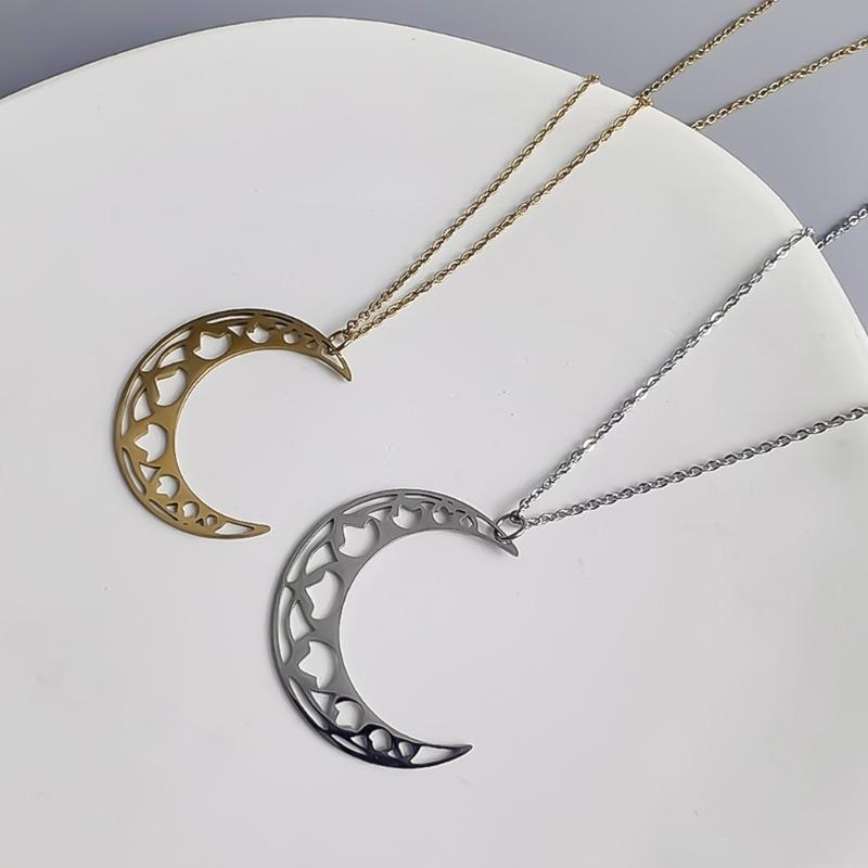 Stylish Lunar Cutout Necklace Stainless Steel Moon Charm Neck Chain Adjustable Length Clavicular Chain for Women Girls