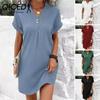 Летнее женское платье с V-образным вырезом на пуговицах с коротким рукавом, свободный однотонный пуловер, повседневная одежда, мини-платье