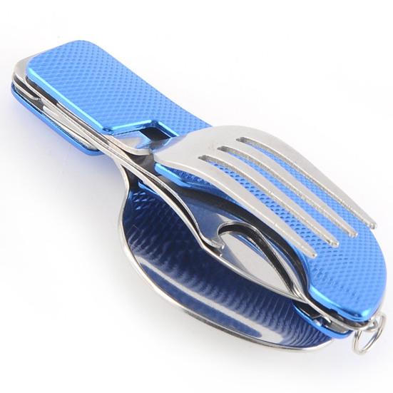 Camping Utensil with Key Ring 4-in-1 Stainless Steel Spoon Knife Fork Bottle Opener Folding Pocket Kit Travel Backpacking Cutlery Multitool