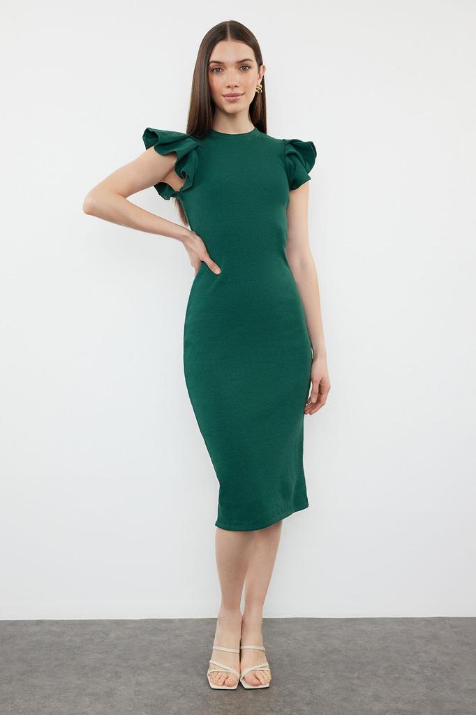 Women's Style Dress Green Ribbed Sleeves Flounce Midi Knitted Dress