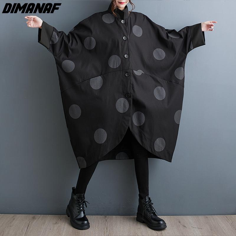 DIMANAF Большой размер Длинный тренч с винтажным принтом в горошек и рукавами «летучая мышь» на осень/зиму 2023