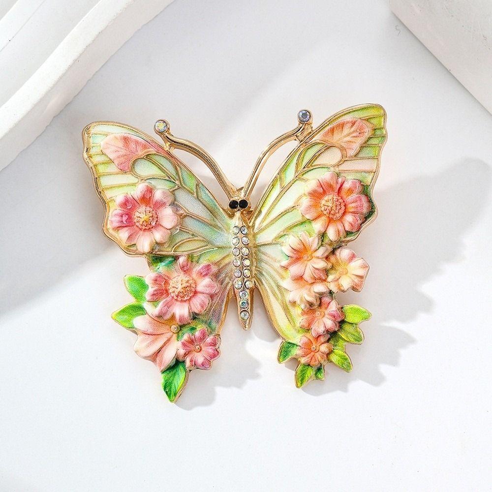 Enamel Big Flower Butterfly Brooches Rhinestone Enamel Lapel Pin Cloisonne Butterfly Badge Lady