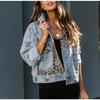 Casual Denim Jacket with Leopard Print, Polo Collar and Long Sleeves