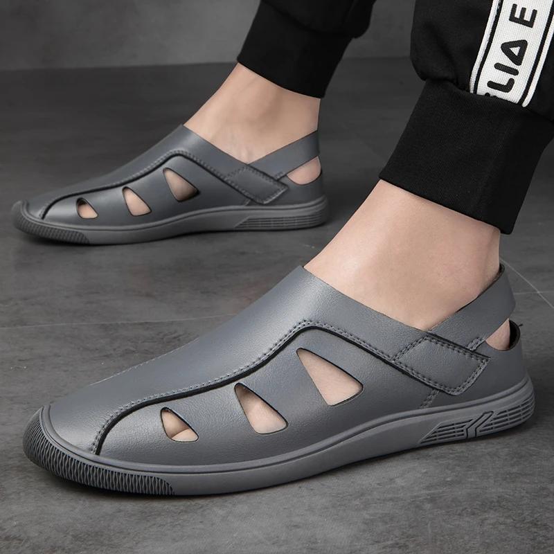 Fashion Summer Outdoor Mens Hollow Out Loafers Casual Leather Flats Breathable Slip On Business Driving Sandals Non-slip Men's Sandals