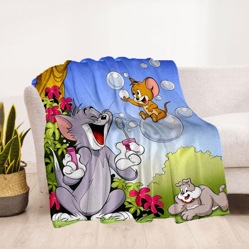 Tom Jerry Soap Bubble Cartoon Print Fabric by The YardBlanket Flannel Throw Blanket for Sofa, Bed, Travel, Camping, Office