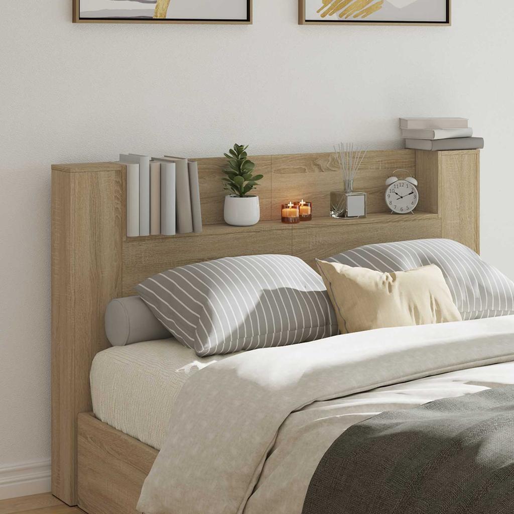 Storage Headboard with LED Lighting Sonoma Oak Wood Based Material