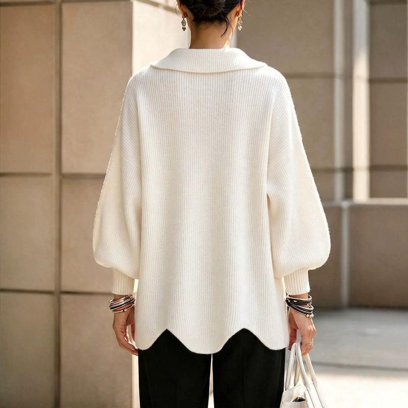 Womens Oversized V-Neck Knit Sweater With Lantern Sleeves Loose Fit Solid Color Fall Winter 2026