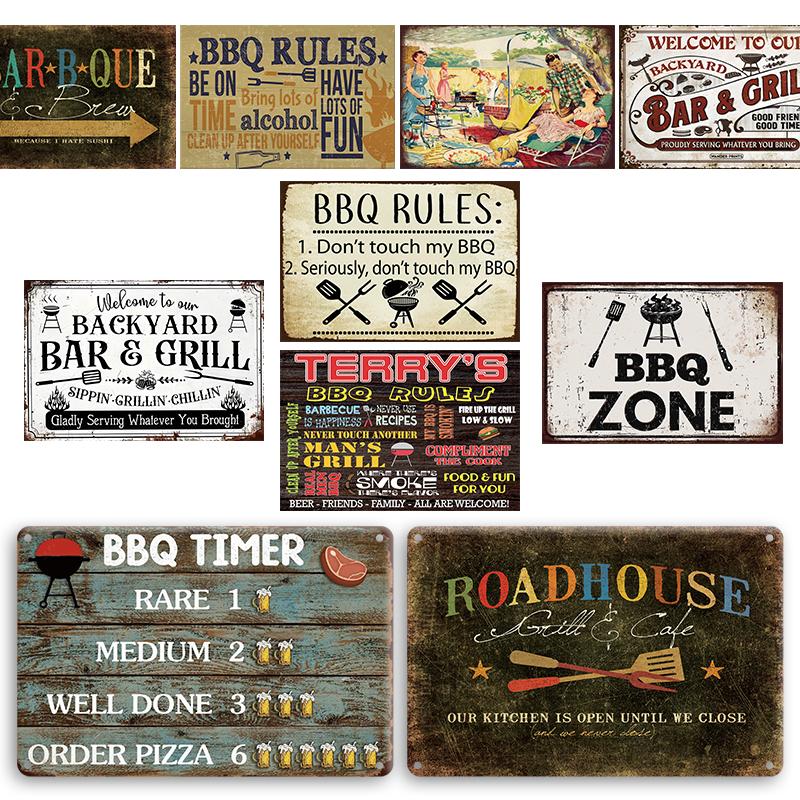 Vintage BBQ Rules Metal Poster Tin Sign Perfect Gift Retro Barbecue Art Poster Metal Signs for Backyard Bar Garden Wall Deocor