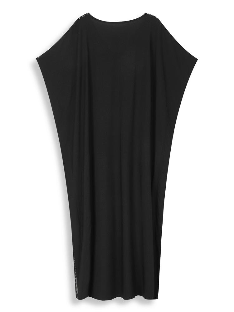 EDOLYNSA 2024 Gold Thread Embroidered Plus Size Casual Vacation Beach Dress Summer Swimsuit Coverup For Women V Neck Bat Sleeve Black Kaftan