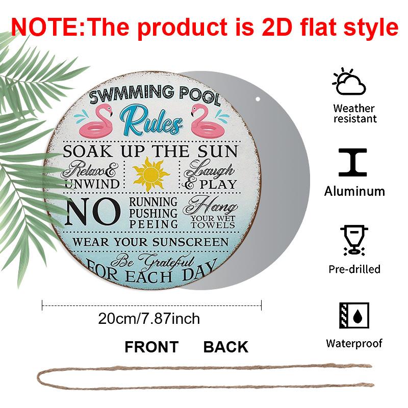 2D Flat, 1pc 7.87x7.87 Inch Round French Aluminum Sign, Vintage Decorative Plaque for "Pool Rules", "Pool Reminder" Decorative Sign, Suitable for